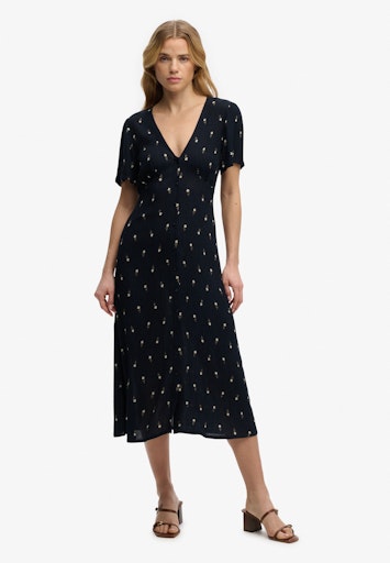 Printed Button Short Sleeve Midi Tea Dress